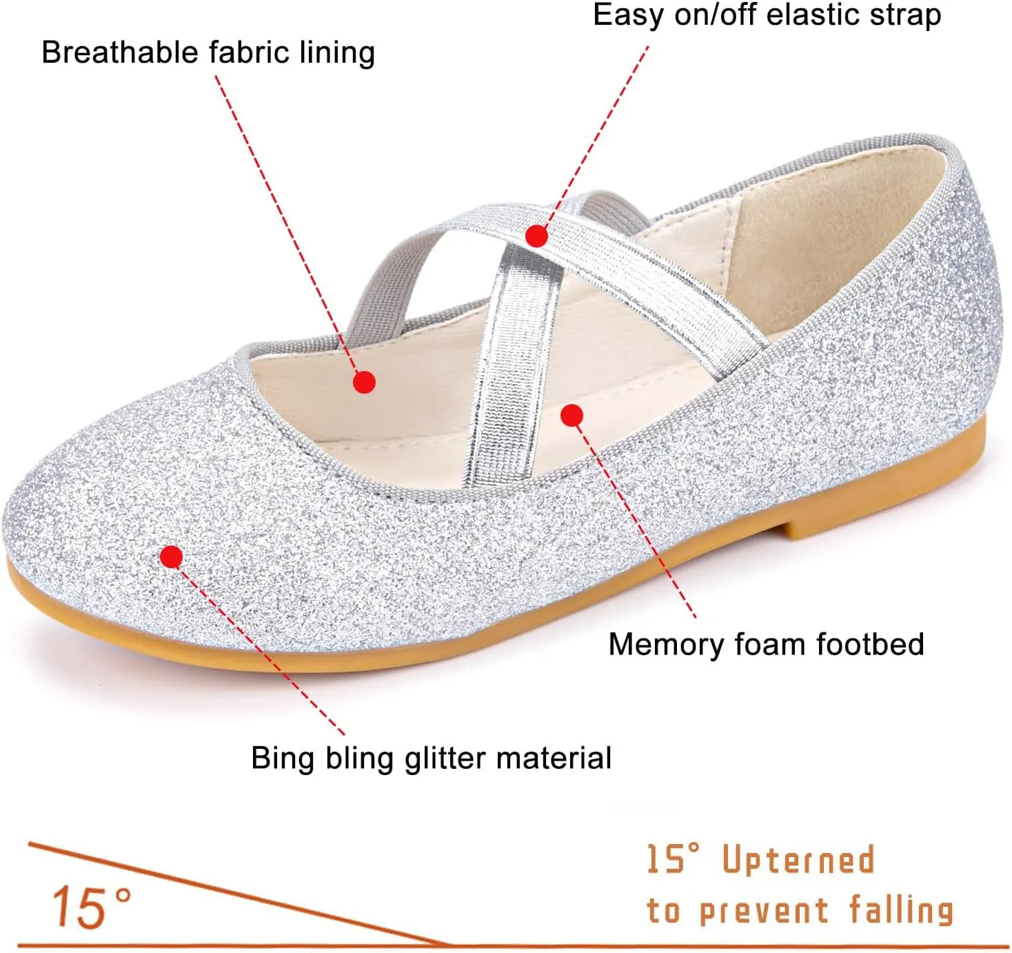 Girls Glitter Ballerina Dress Shoes Mary Jane Ballet Flats for Girls Wedding Party Back to School with Elastic Strap