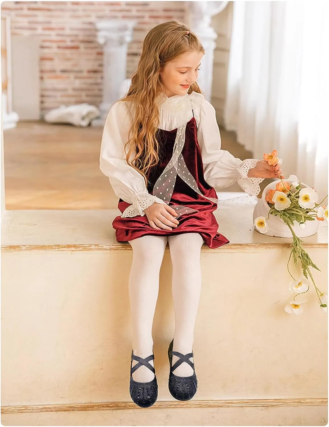 Girls Mary Jane Dress Shoes Rhinestone Dress Shoes Slip On Girl Ballet Flats for Wedding Party, Christmas（Little Kid/Big Kid）
