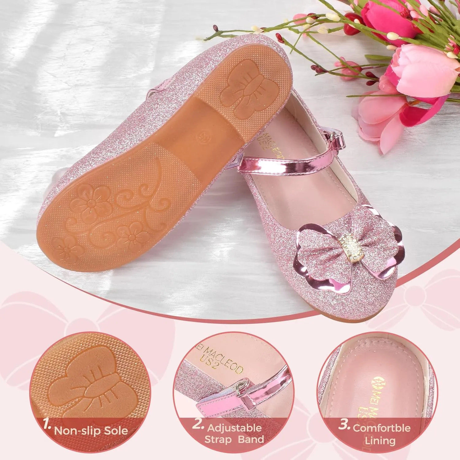 Girls Mary Jane Dress Shoes Rhinestone Dress Shoes Slip On Girl Ballet Flats for Wedding Party, Christmas（Little Kid/Big Kid）
