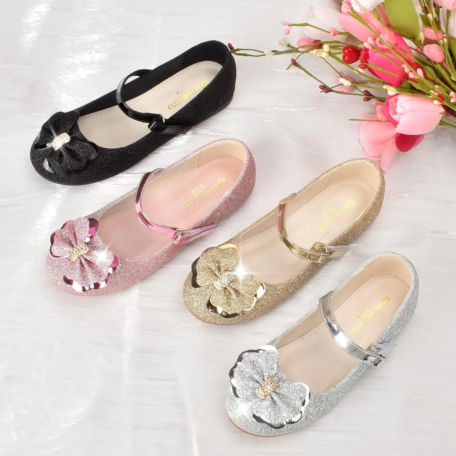 Girls Mary Jane Dress Shoes Rhinestone Dress Shoes Slip On Girl Ballet Flats for Wedding Party, Christmas（Little Kid/Big Kid）