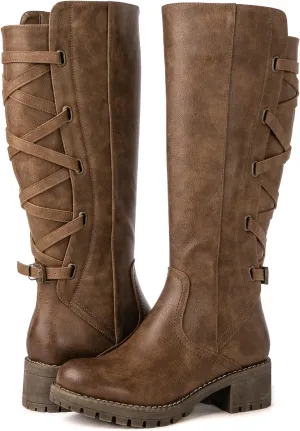 GLOBALWIN Women's Strappy Motorcycle Knee High Boots Riding Boots Back Lace Up Fall Winter Fashion Knee High Boots For Women
