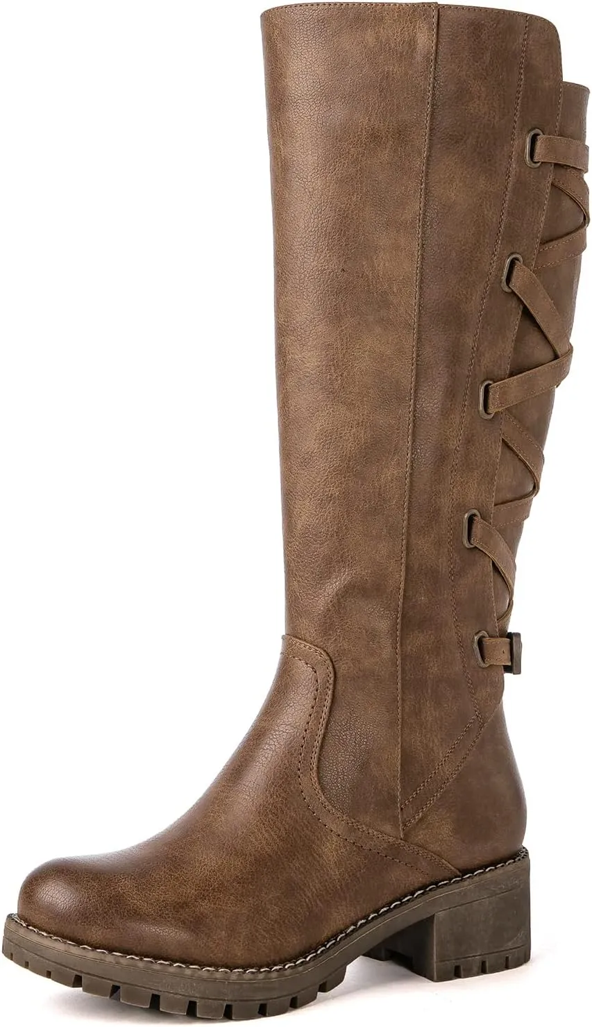 GLOBALWIN Women's Strappy Motorcycle Knee High Boots Riding Boots Back Lace Up Fall Winter Fashion Knee High Boots For Women