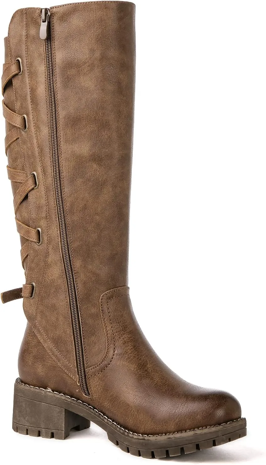 GLOBALWIN Women's Strappy Motorcycle Knee High Boots Riding Boots Back Lace Up Fall Winter Fashion Knee High Boots For Women