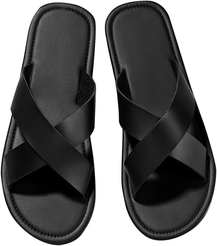 GORGLITTER Men's Criss Cross Strap Flats Sandals Open Toe Slippers Pu Leather Beach Shoes