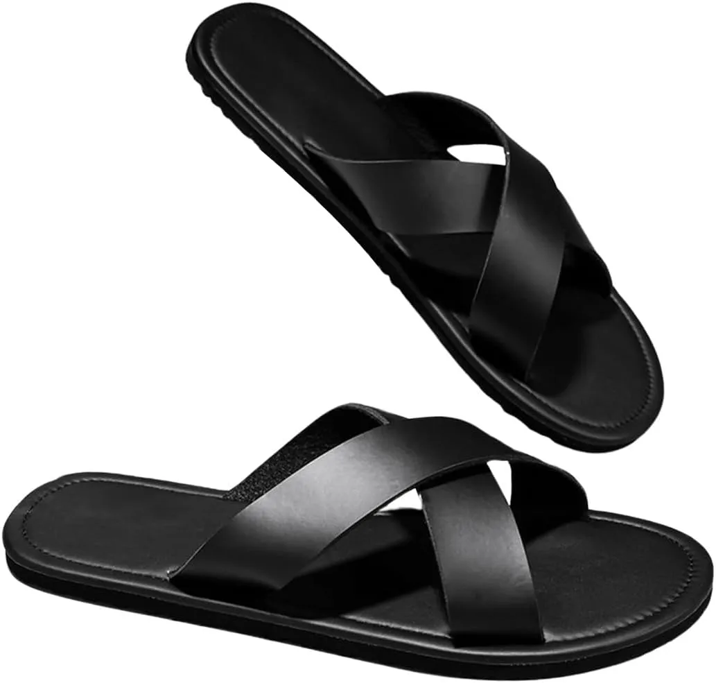 GORGLITTER Men's Criss Cross Strap Flats Sandals Open Toe Slippers Pu Leather Beach Shoes