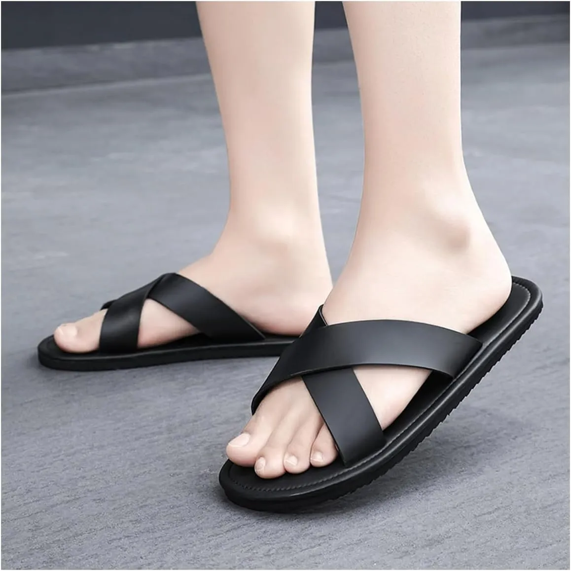 GORGLITTER Men's Criss Cross Strap Flats Sandals Open Toe Slippers Pu Leather Beach Shoes