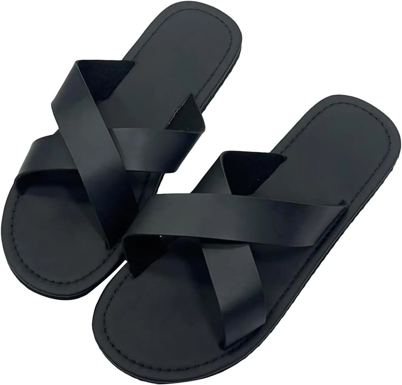 GORGLITTER Men's Criss Cross Strap Flats Sandals Open Toe Slippers Pu Leather Beach Shoes