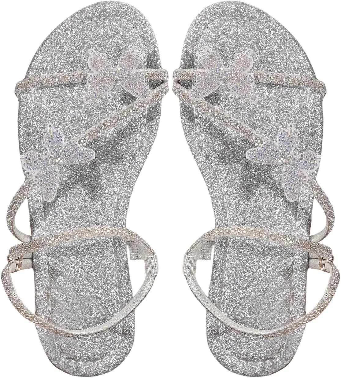 GORGLITTER Women's Butterfly Sandals Dressy Cute Strappy Glitter Rhinestone Open Toe Slides Wedding Bridal Flats Sandal