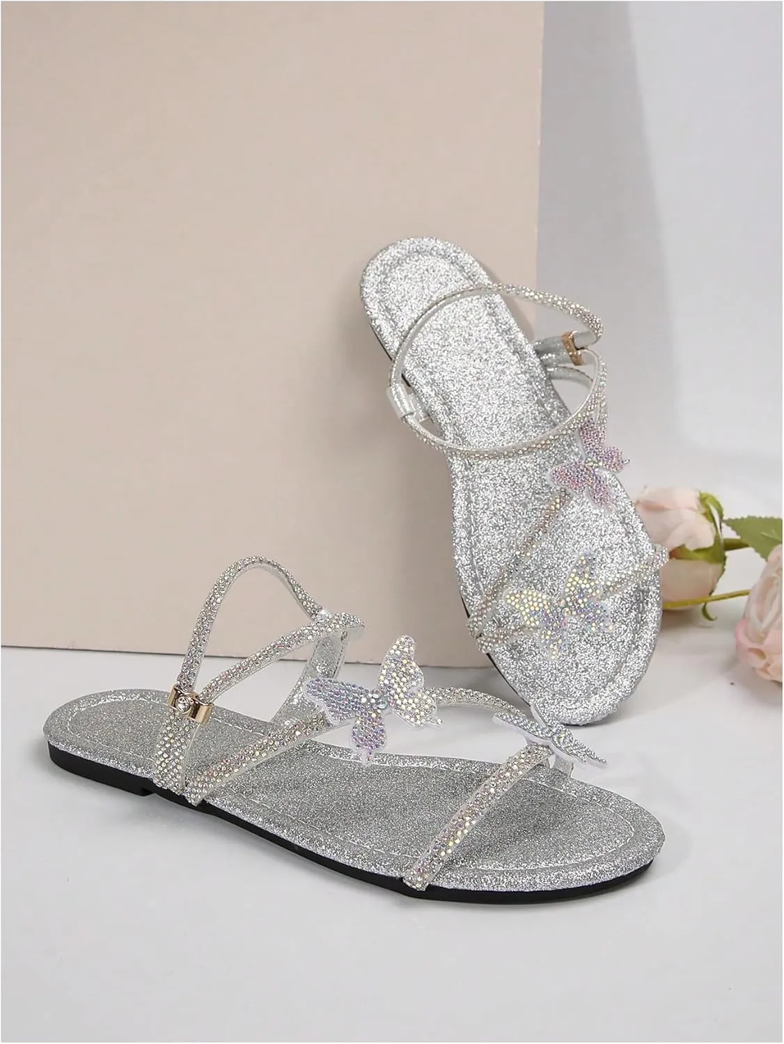 GORGLITTER Women's Butterfly Sandals Dressy Cute Strappy Glitter Rhinestone Open Toe Slides Wedding Bridal Flats Sandal
