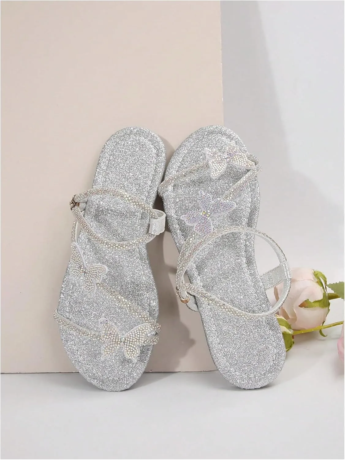 GORGLITTER Women's Butterfly Sandals Dressy Cute Strappy Glitter Rhinestone Open Toe Slides Wedding Bridal Flats Sandal