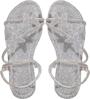 GORGLITTER Women's Butterfly Sandals Dressy Cute Strappy Glitter Rhinestone Open Toe Slides Wedding Bridal Flats Sandal