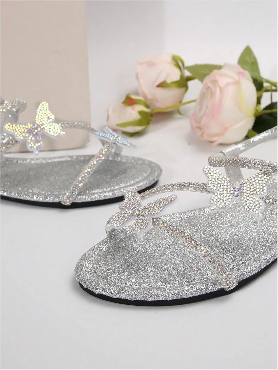 GORGLITTER Women's Butterfly Sandals Dressy Cute Strappy Glitter Rhinestone Open Toe Slides Wedding Bridal Flats Sandal