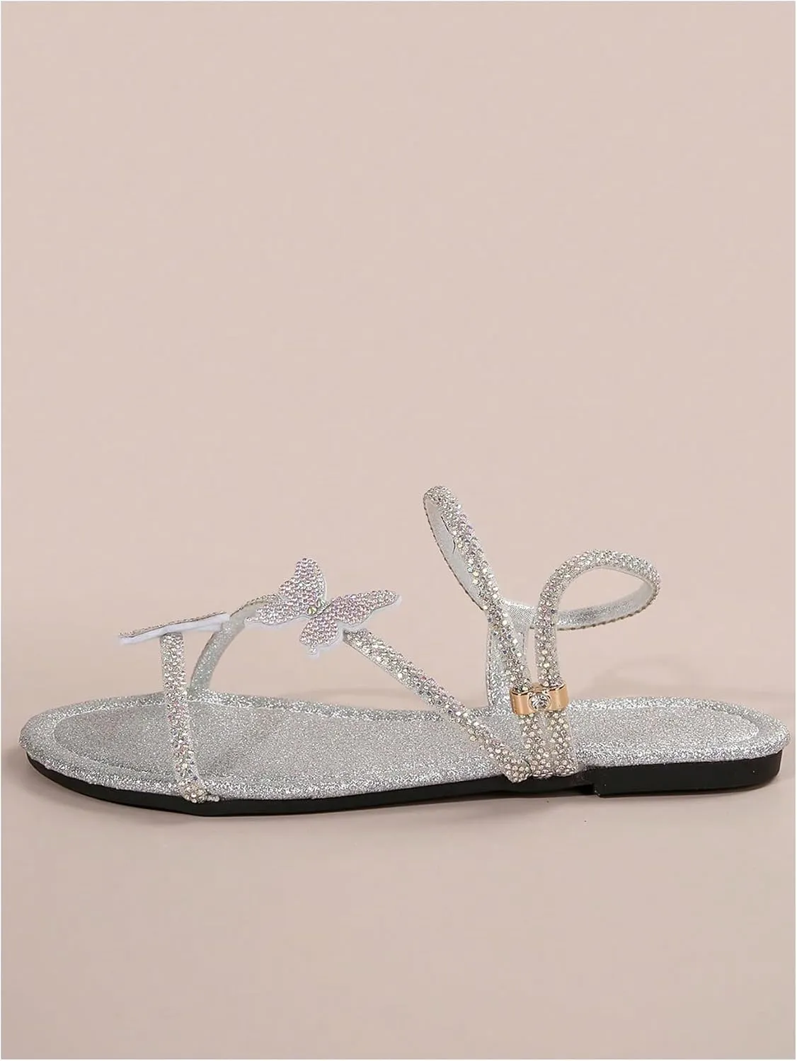 GORGLITTER Women's Butterfly Sandals Dressy Cute Strappy Glitter Rhinestone Open Toe Slides Wedding Bridal Flats Sandal