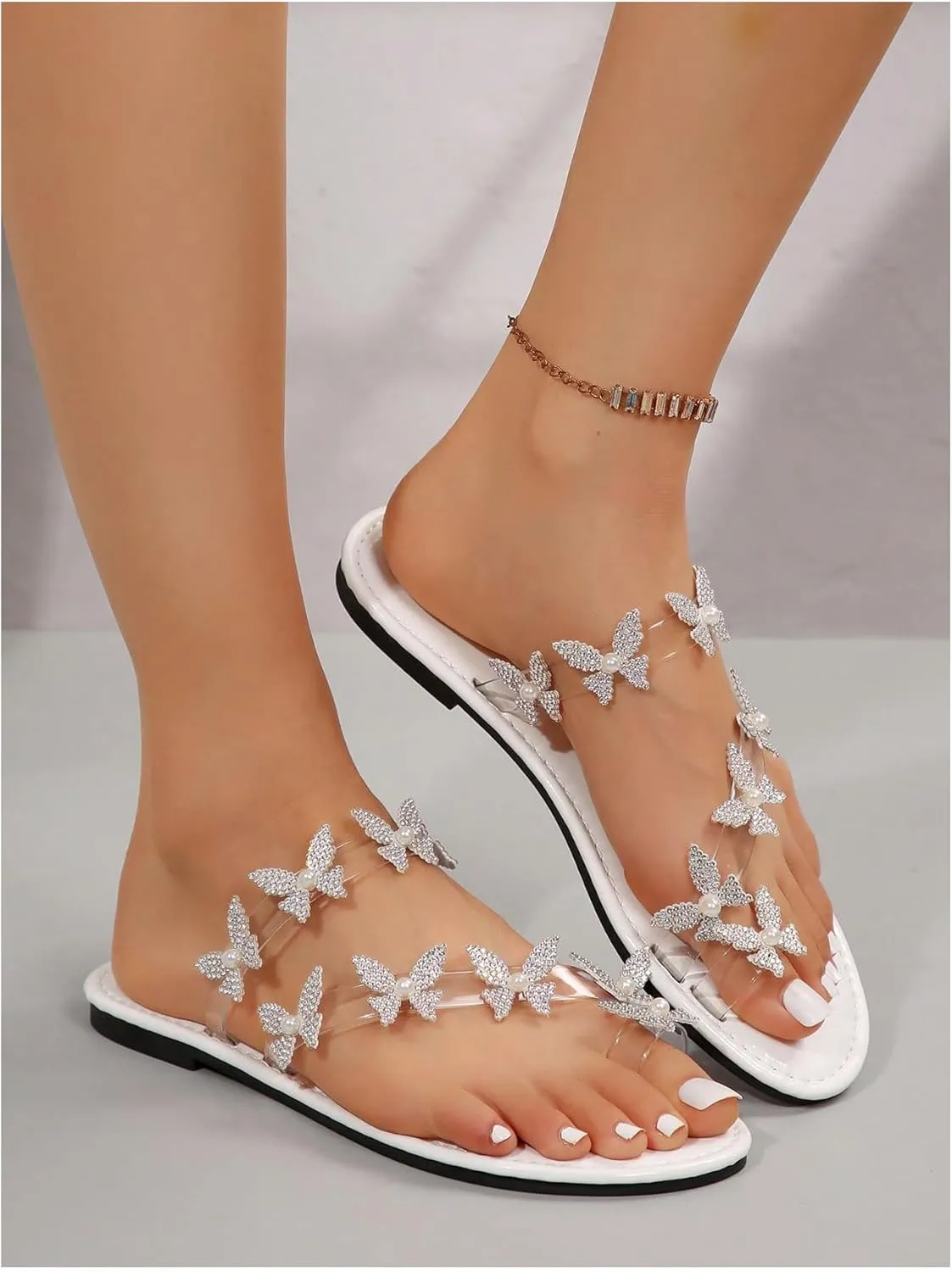 GORGLITTER Women's Butterfly Strappy Clear Glitter Ankle Sandals Dressy 2025 Cute Summer Wedding Bridal Flats Sandal