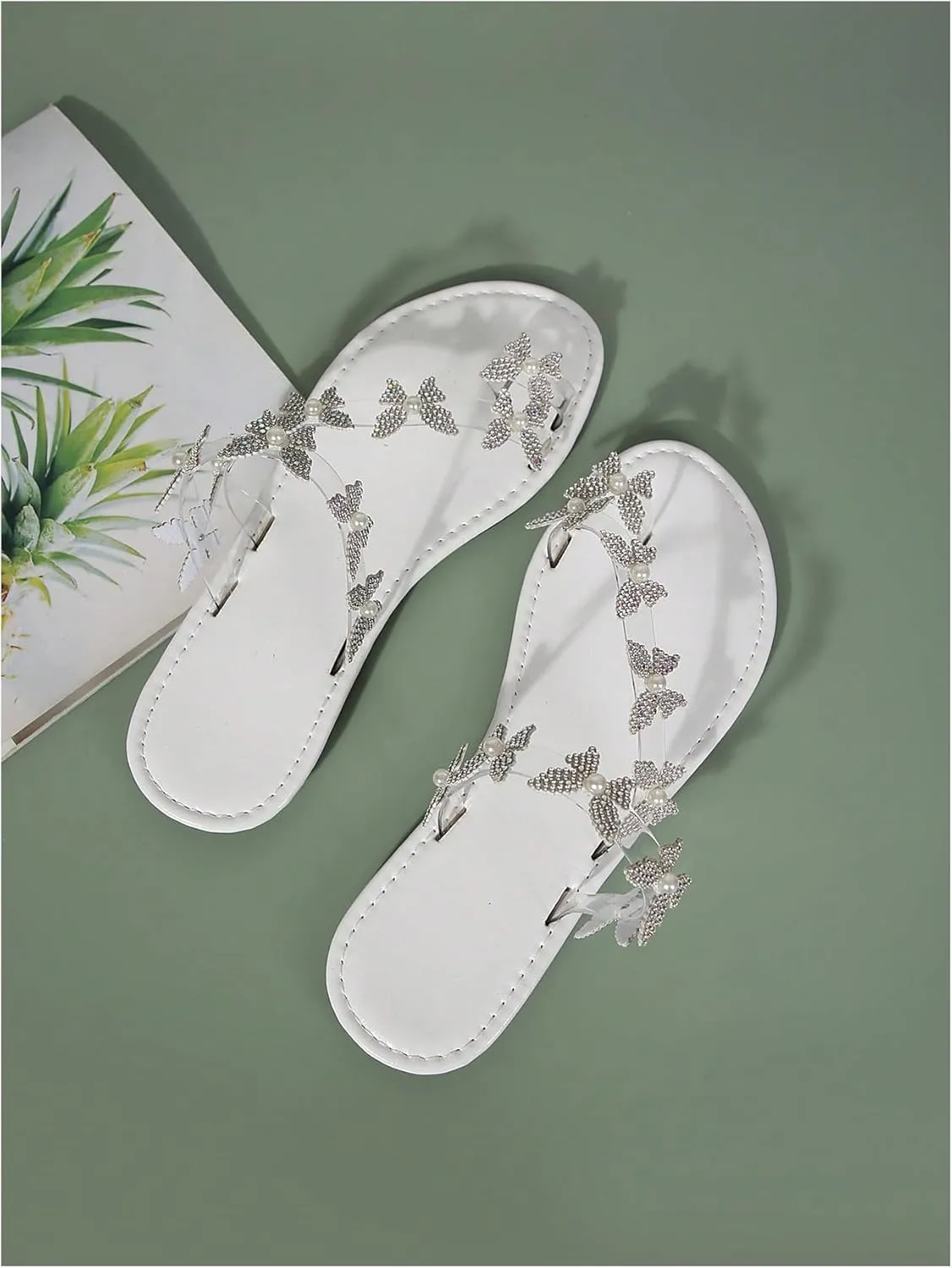 GORGLITTER Women's Butterfly Strappy Clear Glitter Ankle Sandals Dressy 2025 Cute Summer Wedding Bridal Flats Sandal