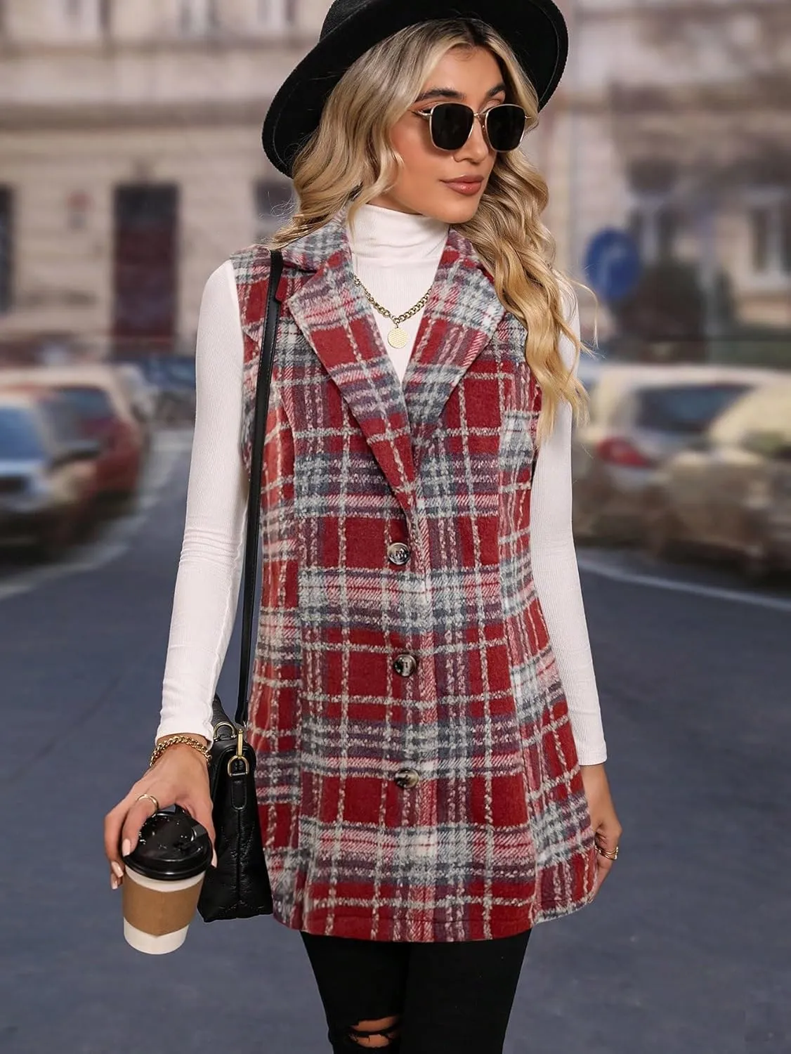 GORGLITTER Women's Plaid Sleeveless Long Vest Button Up Jackets Casual Blazer Vest Cardigan Winter Outfits
