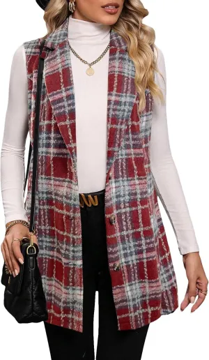 GORGLITTER Women's Plaid Sleeveless Long Vest Button Up Jackets Casual Blazer Vest Cardigan Winter Outfits