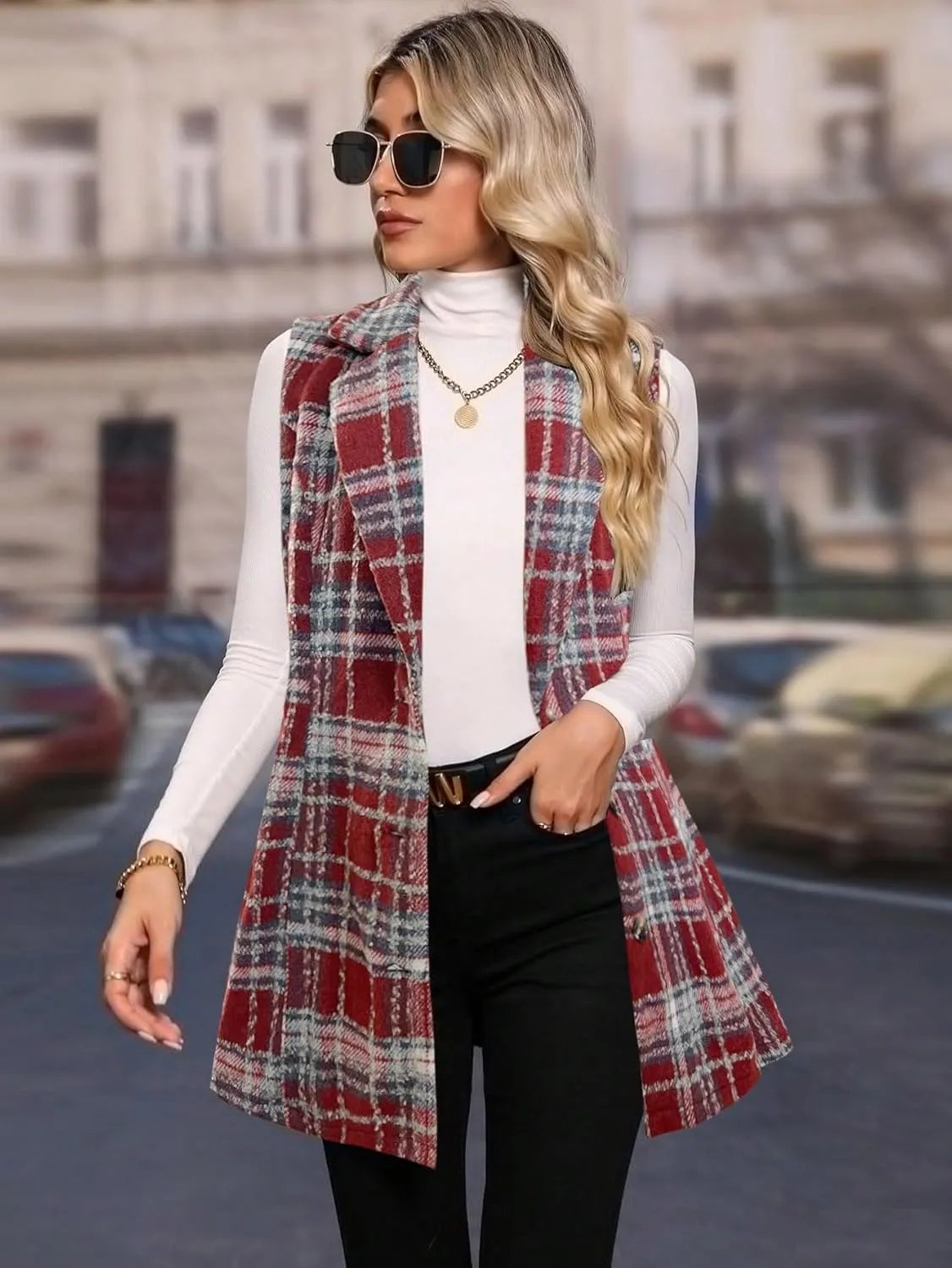 GORGLITTER Women's Plaid Sleeveless Long Vest Button Up Jackets Casual Blazer Vest Cardigan Winter Outfits