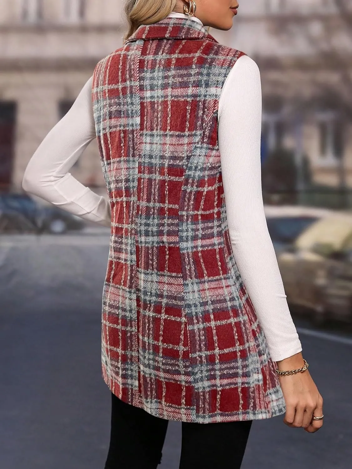 GORGLITTER Women's Plaid Sleeveless Long Vest Button Up Jackets Casual Blazer Vest Cardigan Winter Outfits