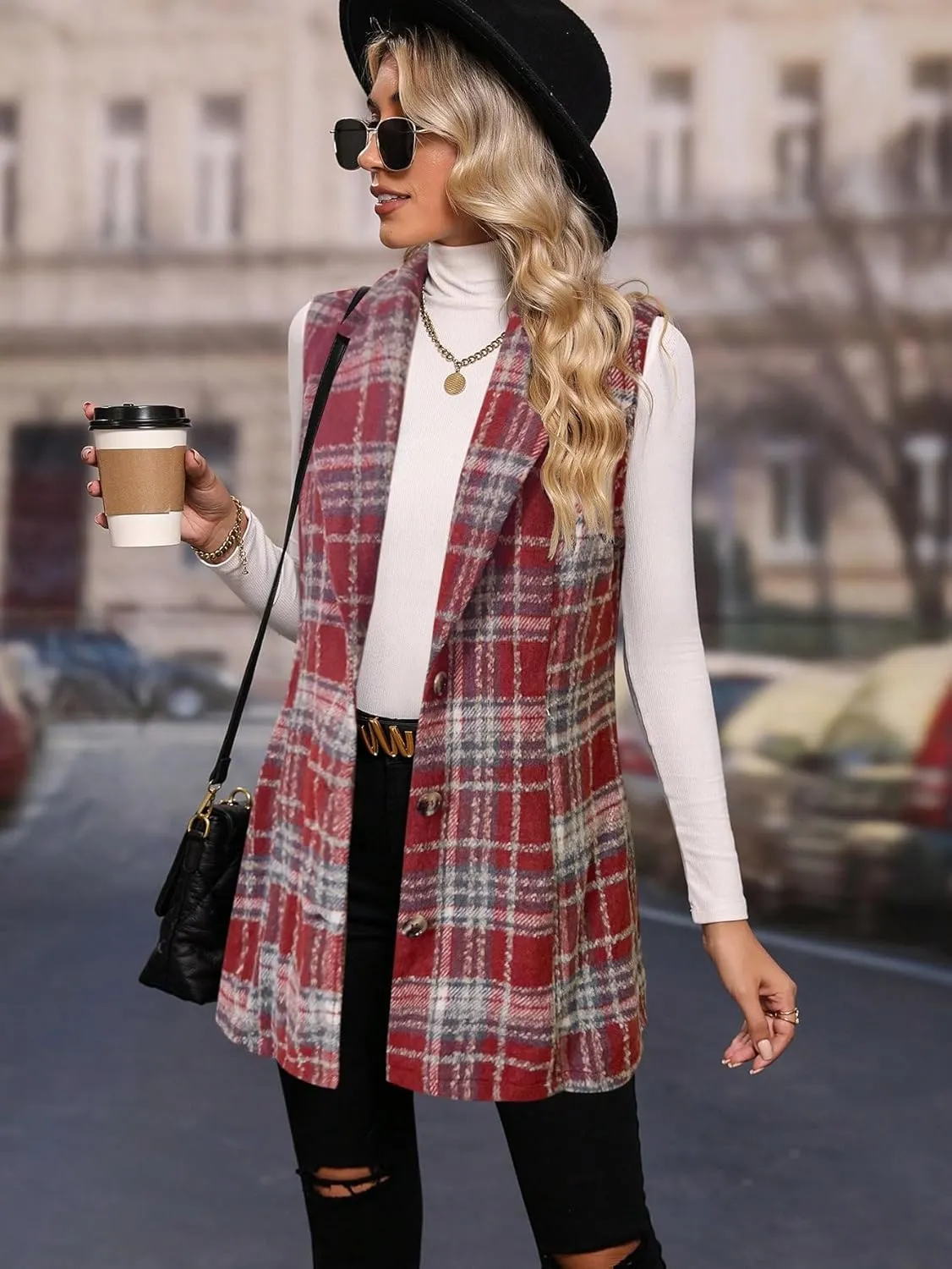 GORGLITTER Women's Plaid Sleeveless Long Vest Button Up Jackets Casual Blazer Vest Cardigan Winter Outfits