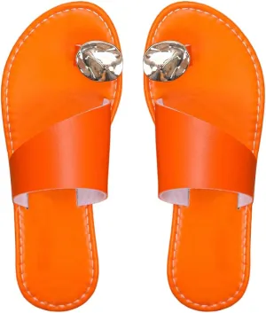 GORGLITTER Women's Rhinestone Toe Ring Flats Sandals Dressy Leather Slip On Slides Summer Vacation Beach Sandal