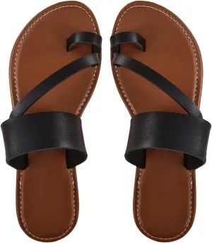 GORGLITTER Women's Summer Beach Flat Cute Sandals 2025 Slide Embossed Toe Ring Pu Leather Shoes