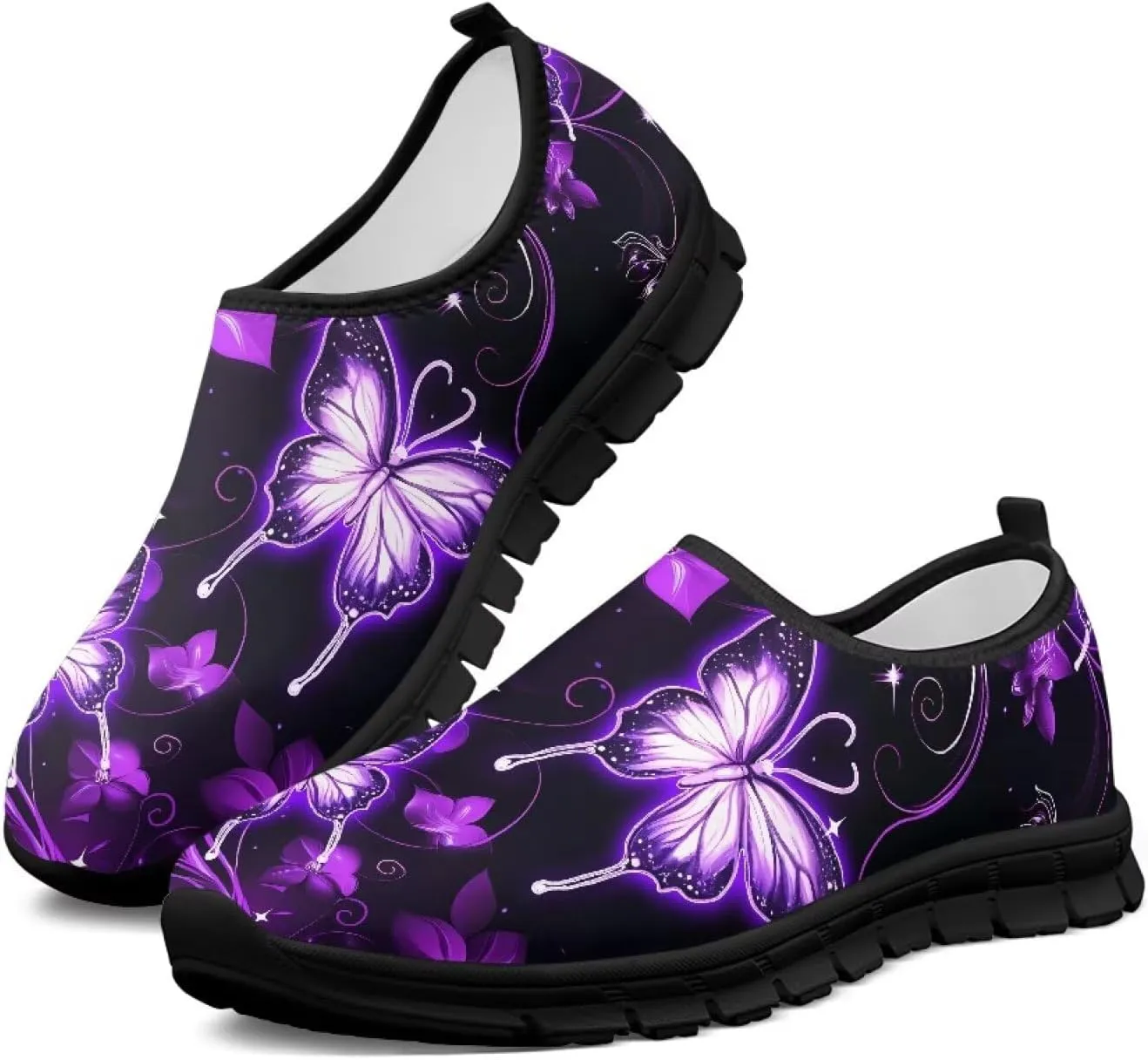 GOSTONG Floral Art Sneakers for Women Comfy Soft Sole Non Slip Walking Sneakers for Outdoor Travel Easy Slip on Lightweight Indoor Loafers Black US 5.5-11.5