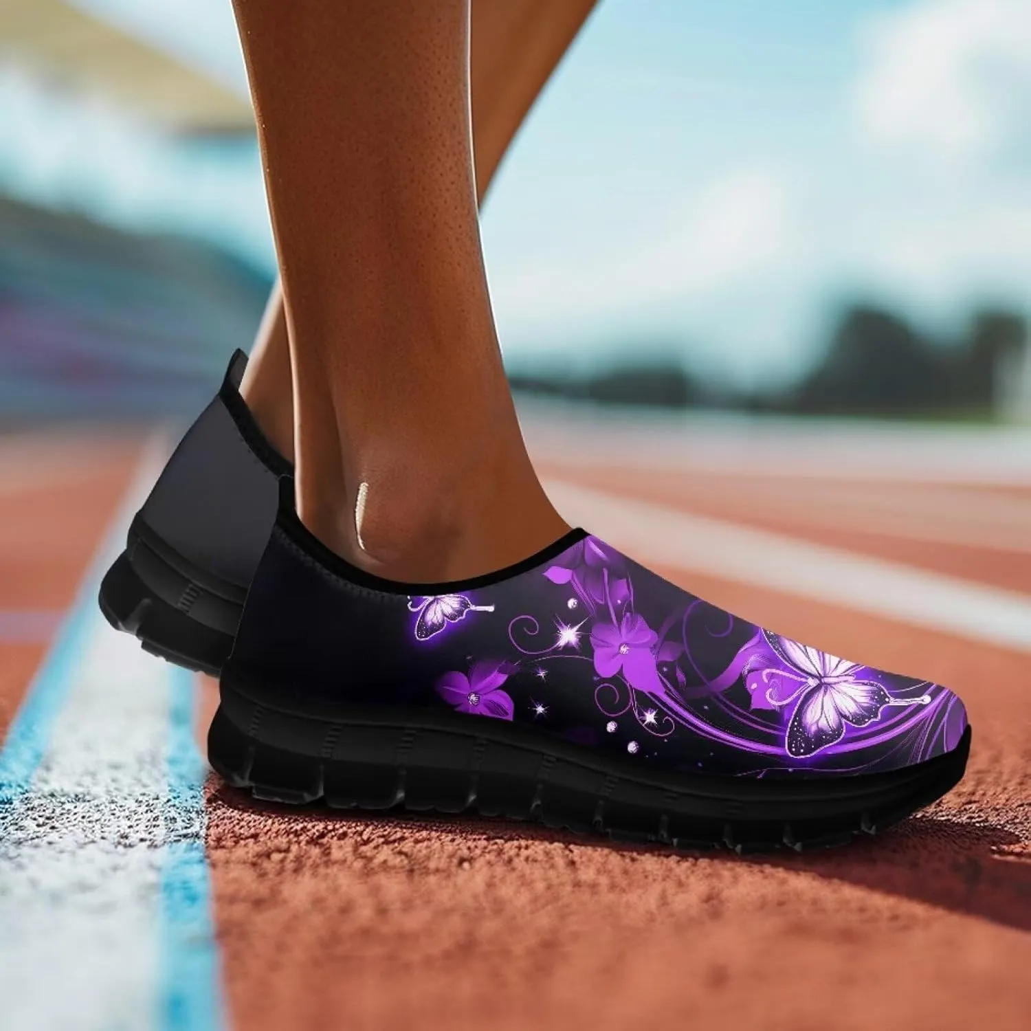 GOSTONG Floral Art Sneakers for Women Comfy Soft Sole Non Slip Walking Sneakers for Outdoor Travel Easy Slip on Lightweight Indoor Loafers Black US 5.5-11.5