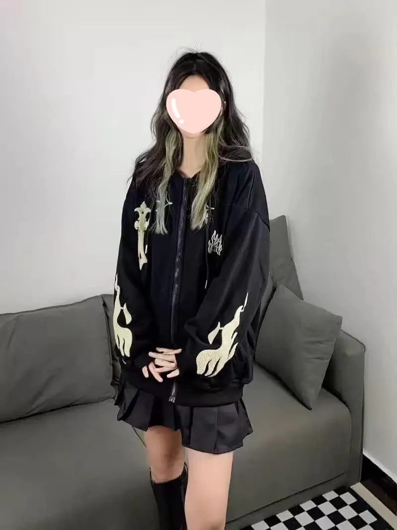 Gothic Embroidery Hoodies Women Retro Harajuku Hip Hop Jacket Zip Up Hoodie Loose Sweatshirt Clothes Y2K Tops