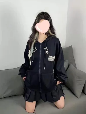 Gothic Embroidery Hoodies Women Retro Harajuku Hip Hop Jacket Zip Up Hoodie Loose Sweatshirt Clothes Y2K Tops