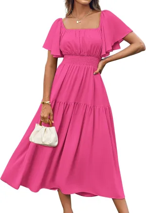 GRACE KARIN Women's Summer Short Sleeve Square Neck Smocked Waist Casual Vacation Tiered Flowy Maxi Dress