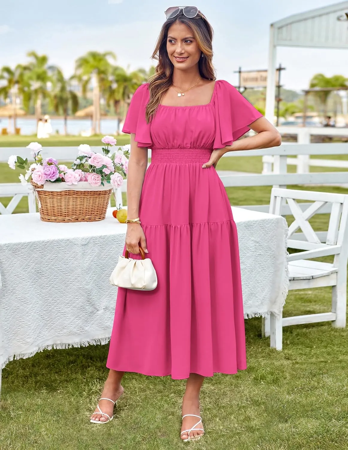 GRACE KARIN Women's Summer Short Sleeve Square Neck Smocked Waist Casual Vacation Tiered Flowy Maxi Dress