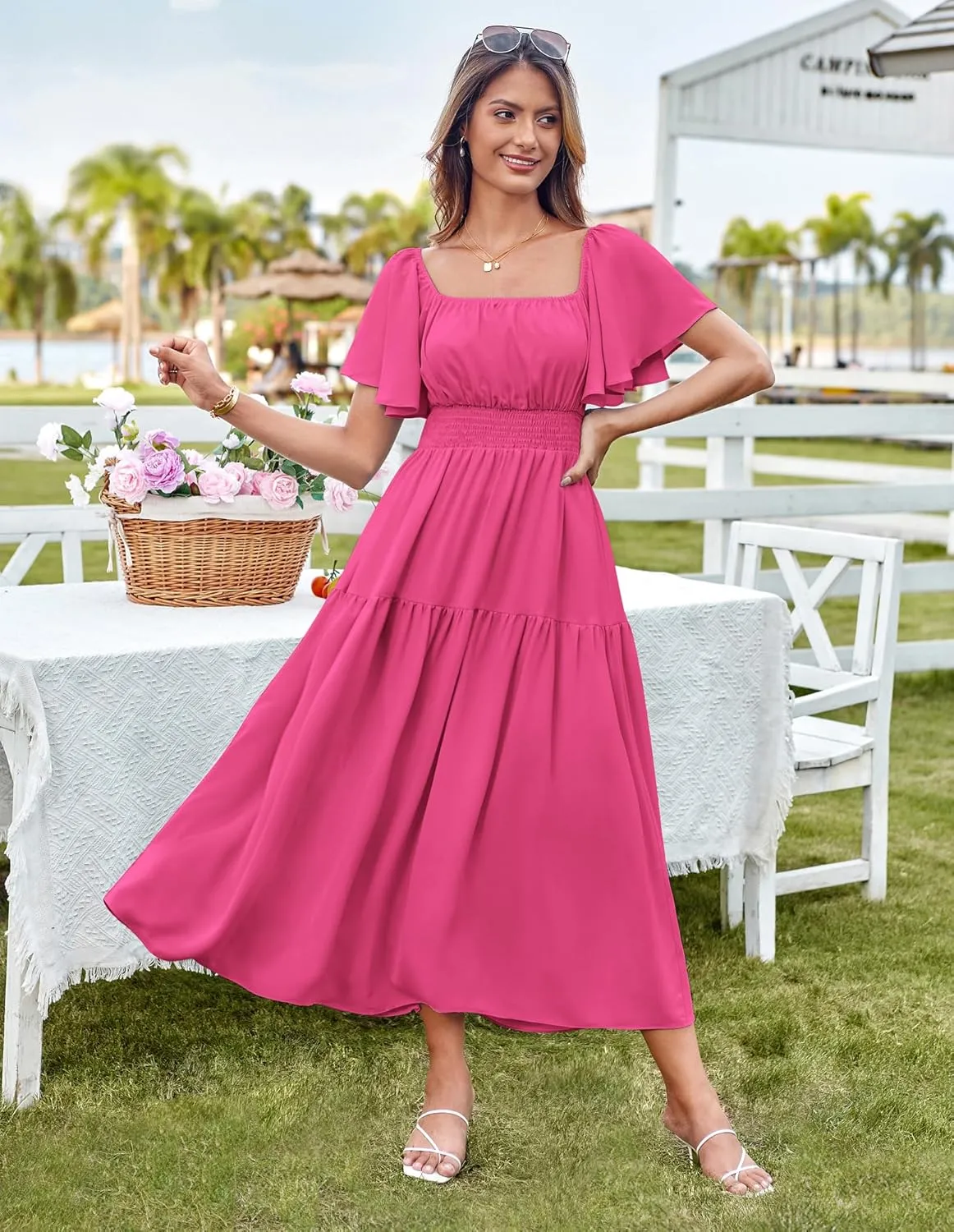 GRACE KARIN Women's Summer Short Sleeve Square Neck Smocked Waist Casual Vacation Tiered Flowy Maxi Dress