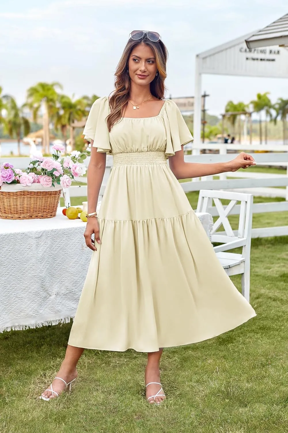 GRACE KARIN Women's Summer Short Sleeve Square Neck Smocked Waist Casual Vacation Tiered Flowy Maxi Dress
