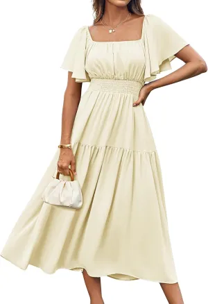 GRACE KARIN Women's Summer Short Sleeve Square Neck Smocked Waist Casual Vacation Tiered Flowy Maxi Dress