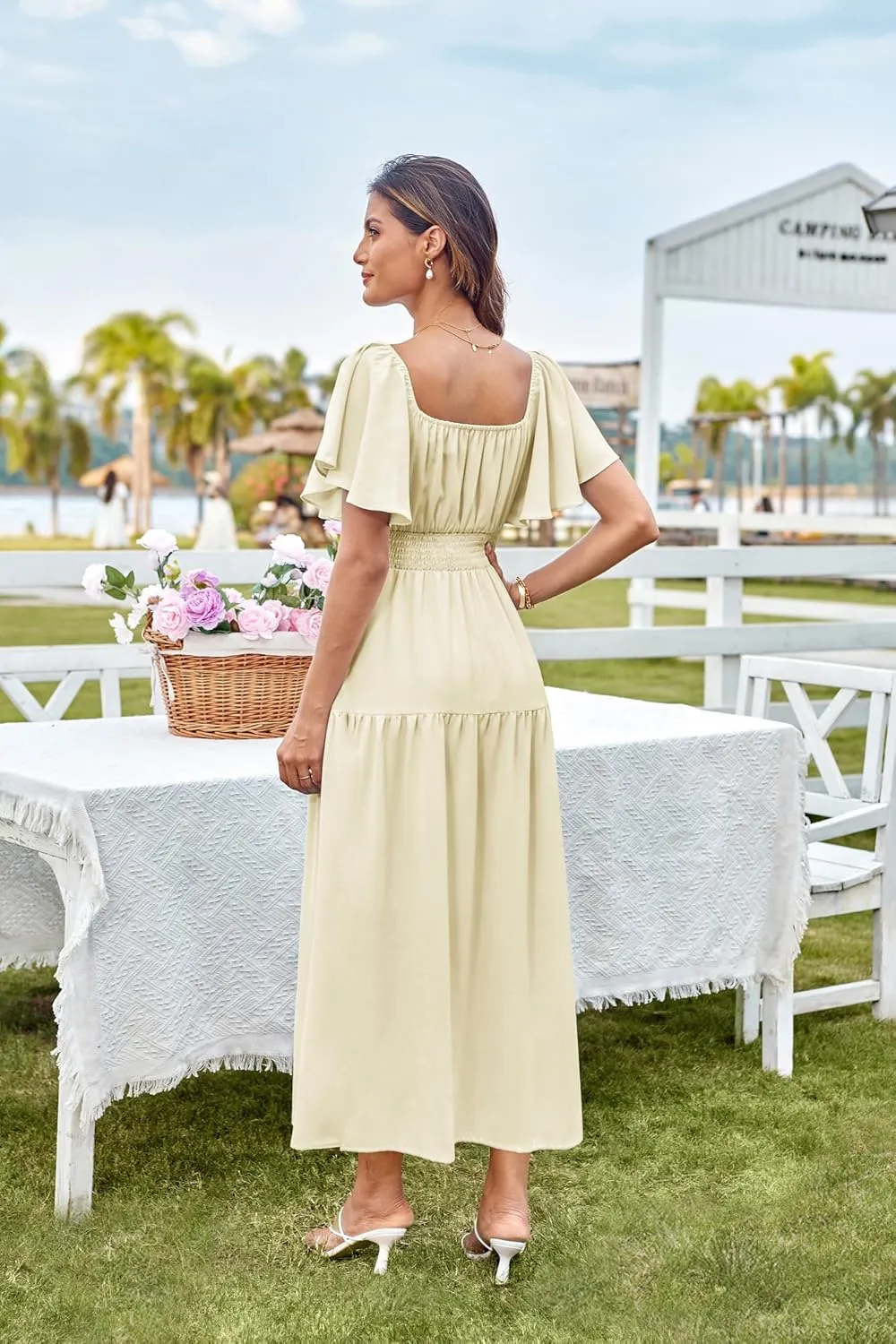 GRACE KARIN Women's Summer Short Sleeve Square Neck Smocked Waist Casual Vacation Tiered Flowy Maxi Dress