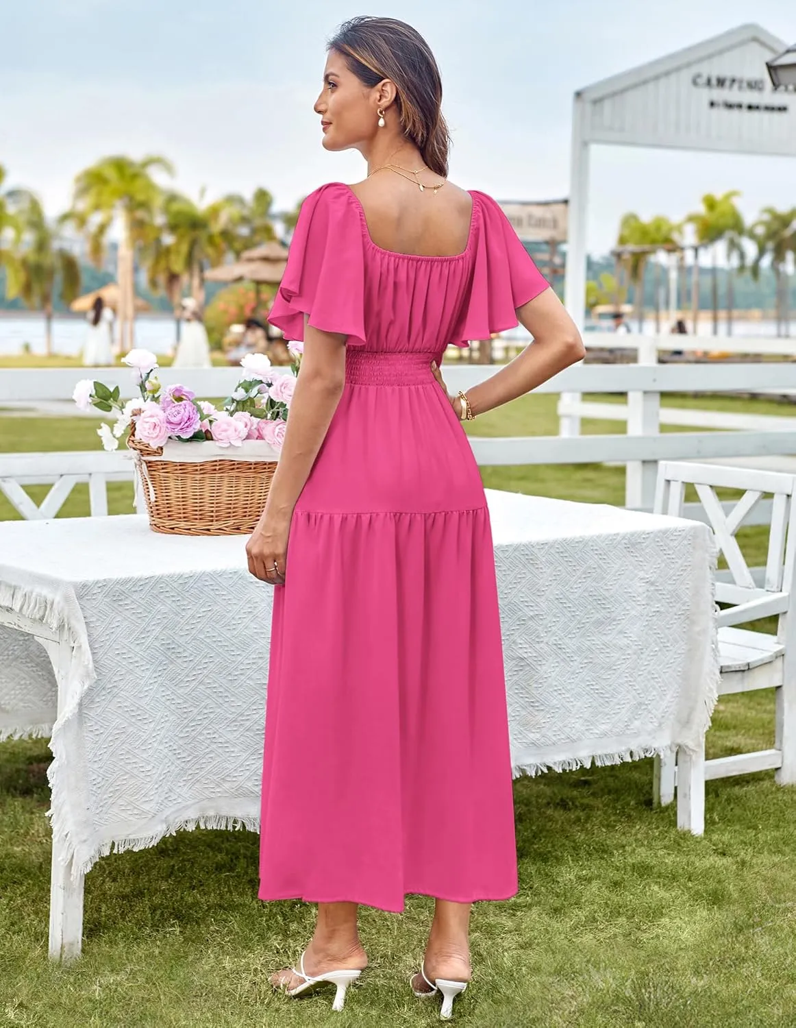 GRACE KARIN Women's Summer Short Sleeve Square Neck Smocked Waist Casual Vacation Tiered Flowy Maxi Dress