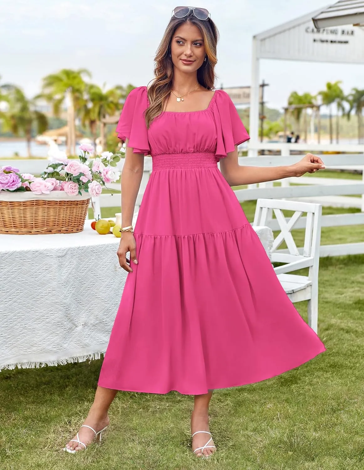 GRACE KARIN Women's Summer Short Sleeve Square Neck Smocked Waist Casual Vacation Tiered Flowy Maxi Dress