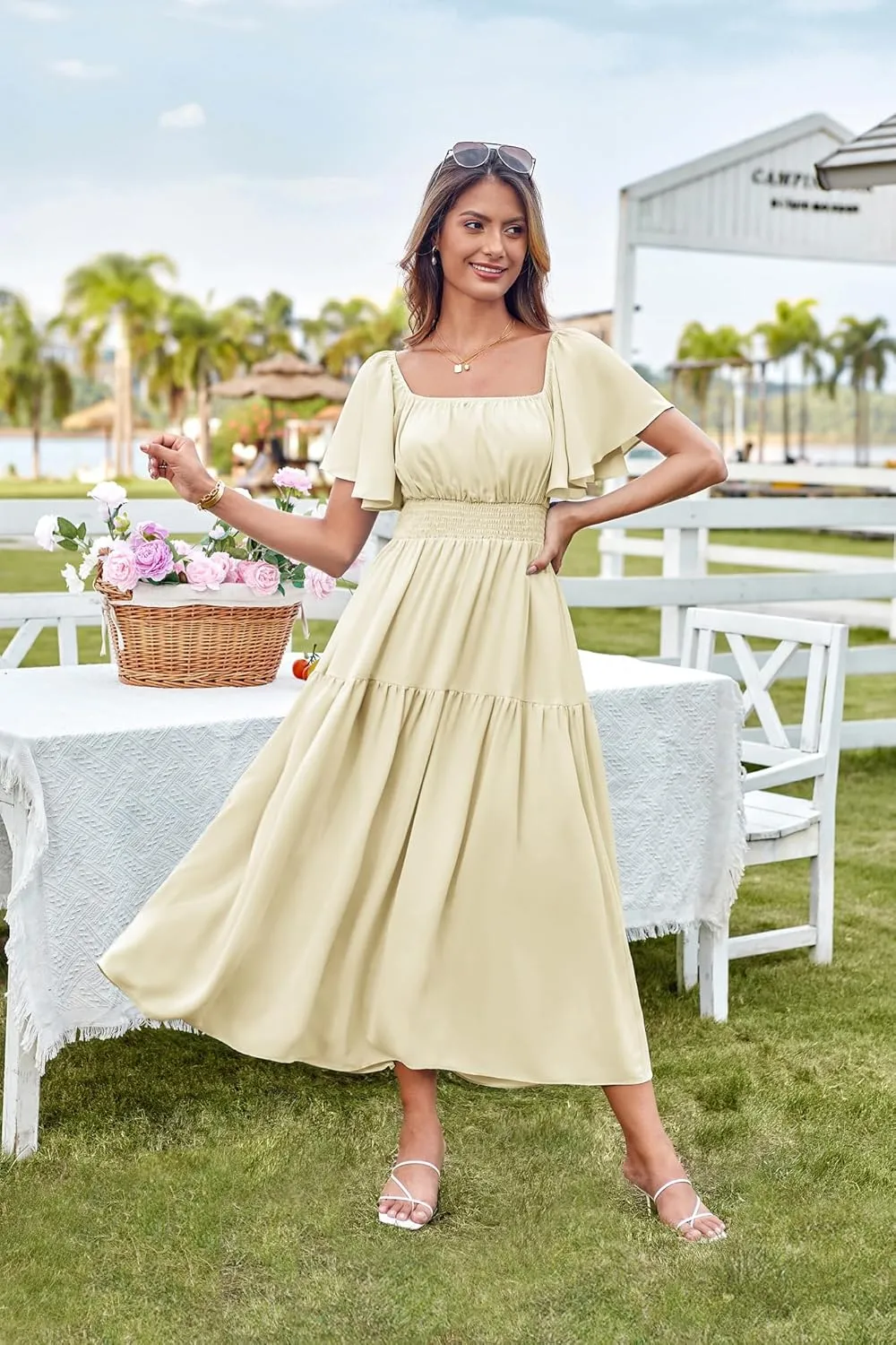 GRACE KARIN Women's Summer Short Sleeve Square Neck Smocked Waist Casual Vacation Tiered Flowy Maxi Dress