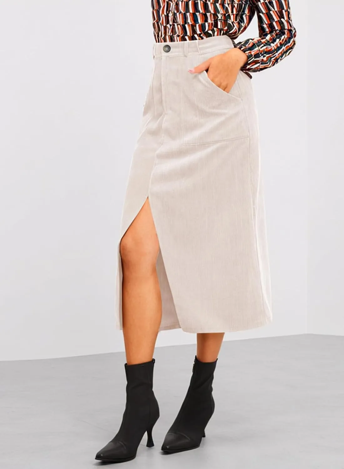 Happy Sailed Skirts for Women High Waist Split A Line Corduroy Skirt Casual Midi Skirts with Pockets