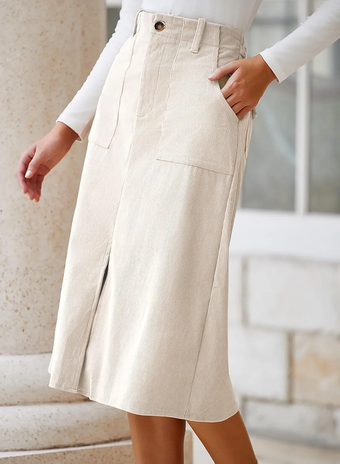 Happy Sailed Skirts for Women High Waist Split A Line Corduroy Skirt Casual Midi Skirts with Pockets