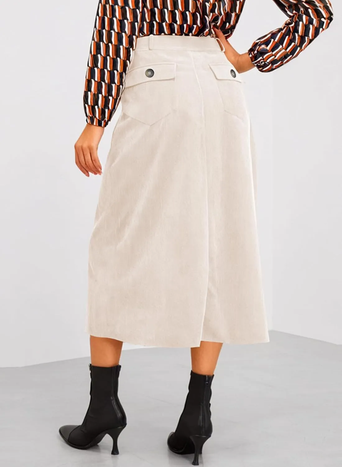 Happy Sailed Skirts for Women High Waist Split A Line Corduroy Skirt Casual Midi Skirts with Pockets