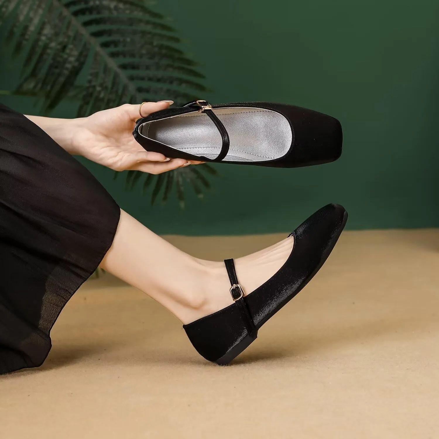 Hee grand Mary Jane Shoes for Women Comfortable Square Toe Ballet Flats with Straps Satin Dress Shoes