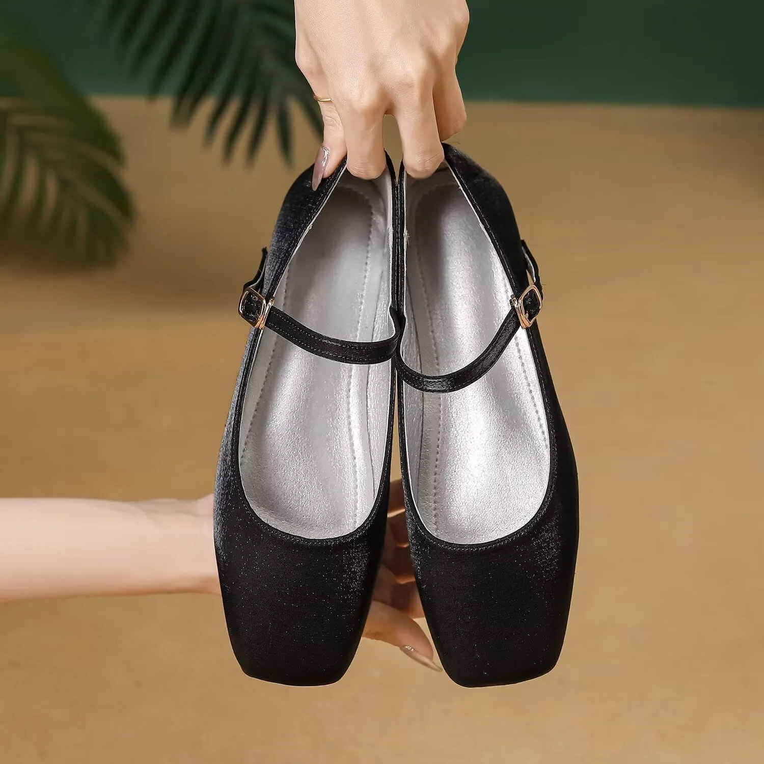 Hee grand Mary Jane Shoes for Women Comfortable Square Toe Ballet Flats with Straps Satin Dress Shoes