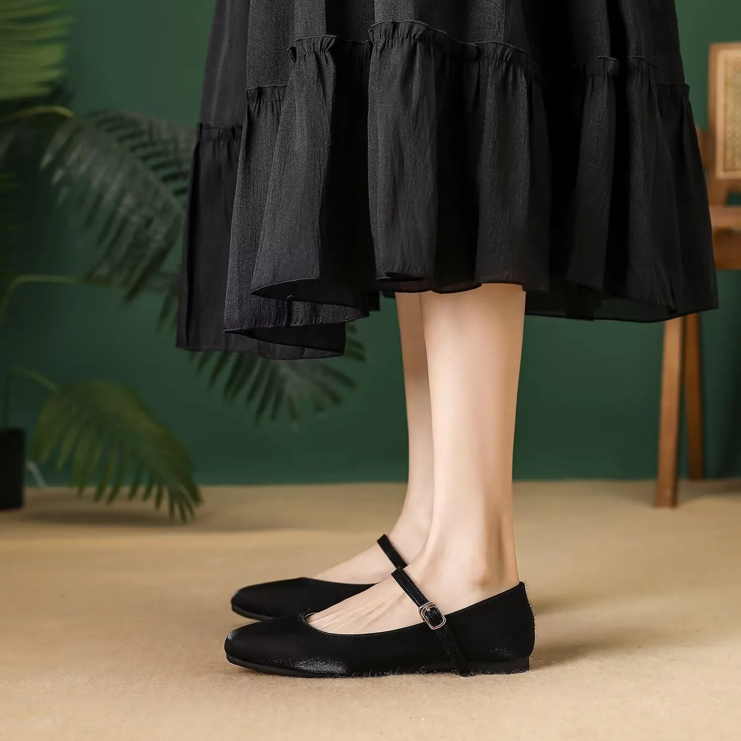 Hee grand Mary Jane Shoes for Women Comfortable Square Toe Ballet Flats with Straps Satin Dress Shoes