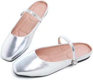 Hee grand Mules for Women Mary Jane Shoes Retro Square Toe Strap Backless Flat Mules Comfortable Flat Slippers