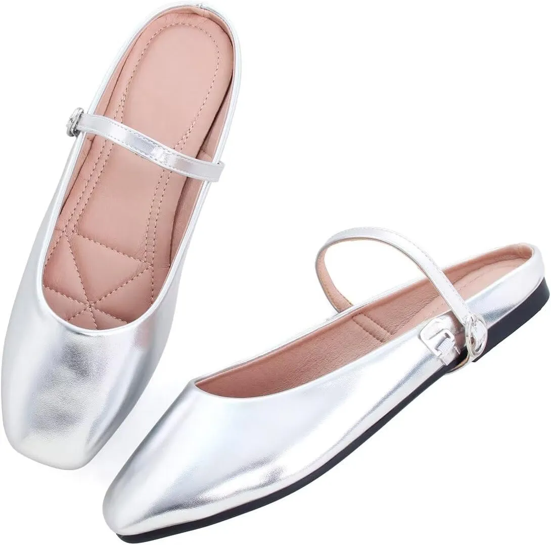 Hee grand Mules for Women Mary Jane Shoes Retro Square Toe Strap Backless Flat Mules Comfortable Flat Slippers