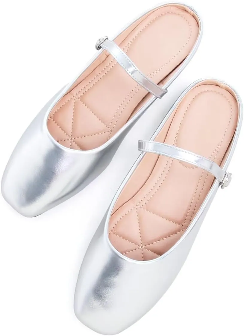 Hee grand Mules for Women Mary Jane Shoes Retro Square Toe Strap Backless Flat Mules Comfortable Flat Slippers