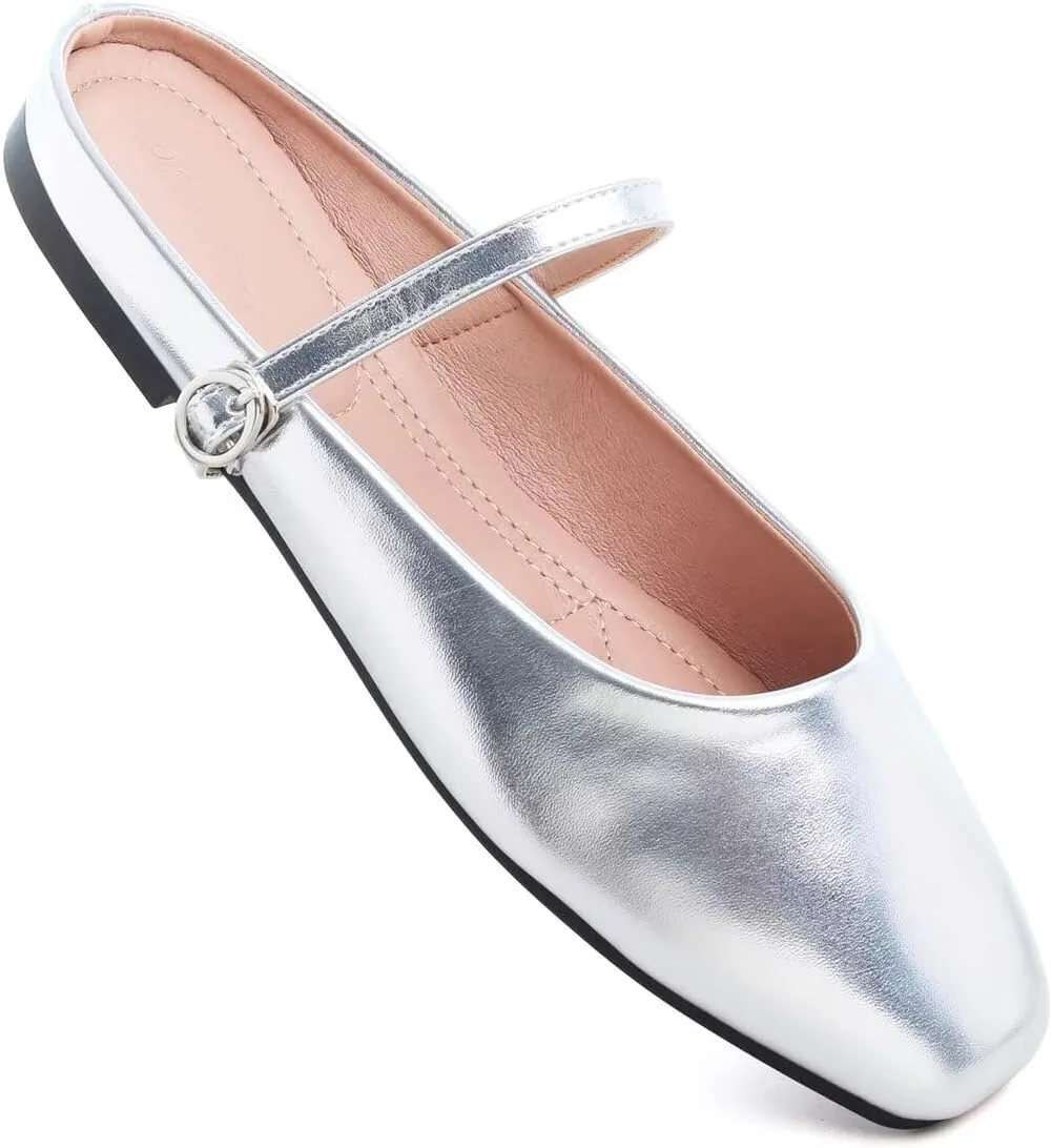 Hee grand Mules for Women Mary Jane Shoes Retro Square Toe Strap Backless Flat Mules Comfortable Flat Slippers