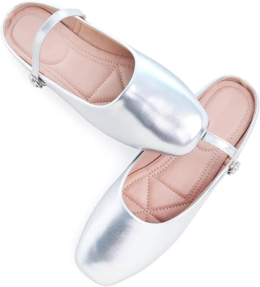 Hee grand Mules for Women Mary Jane Shoes Retro Square Toe Strap Backless Flat Mules Comfortable Flat Slippers